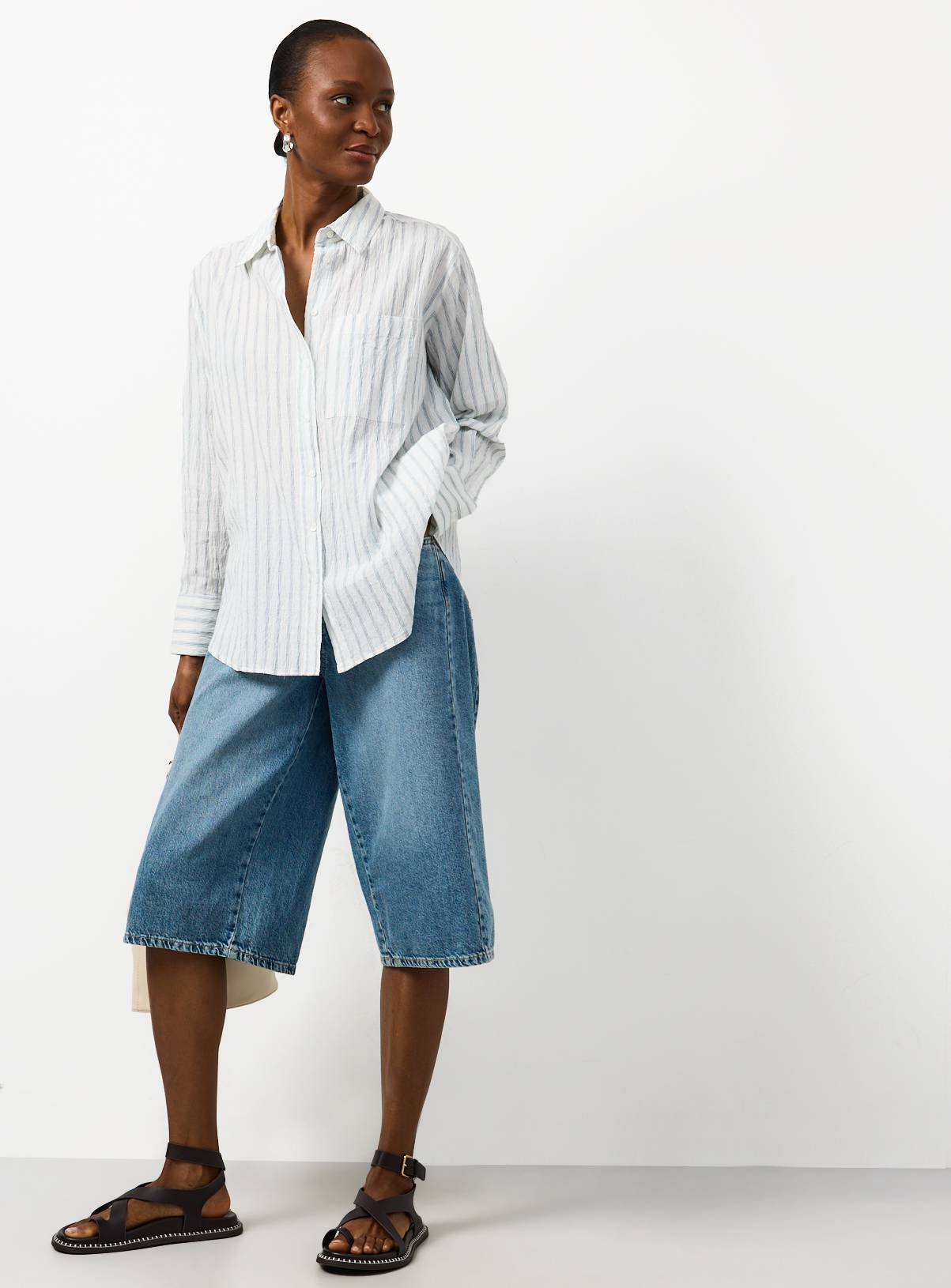 Light Blue Stripe Print Seersucker Long Sleeve Revere Shirt 12 - Image 2